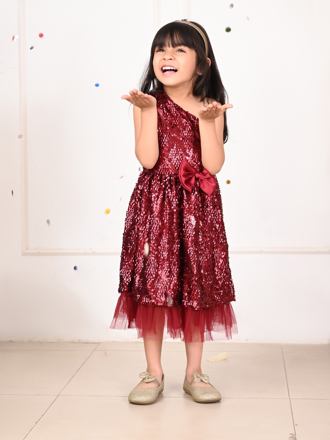 

LilPicks Girls Embellished One shoulder Fit & Flare Dress, Maroon