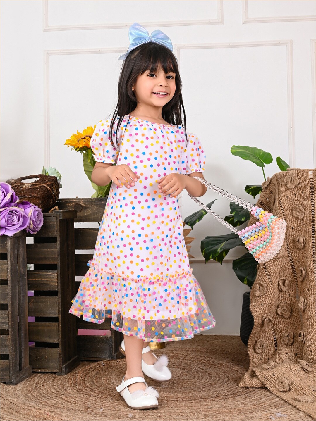

LilPicks Girls Polka Dot Printed Drop Waist Midi Dress, Off white