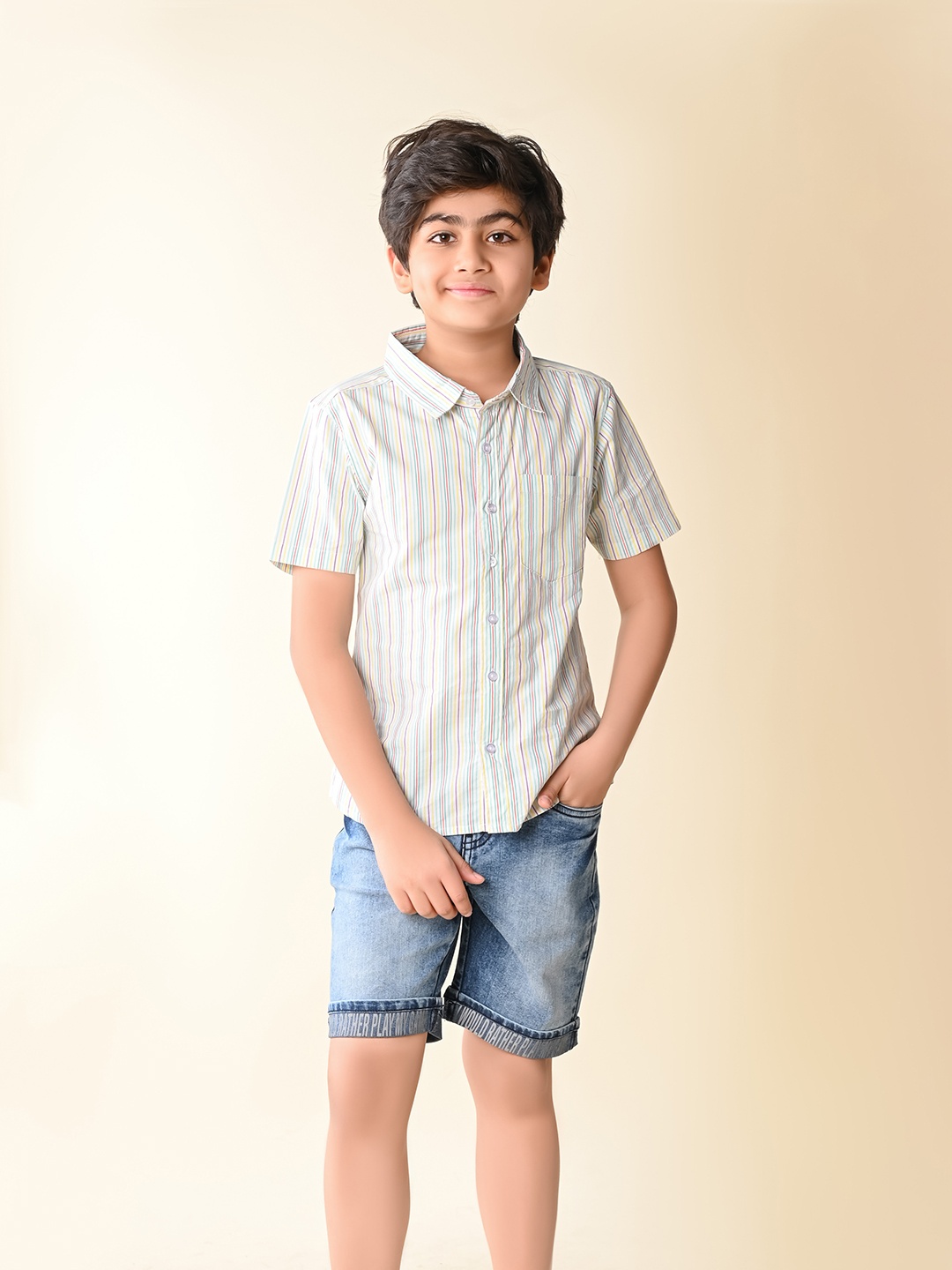 

LilPicks Boys Spread Collar Striped Cotton Casual Shirt, White