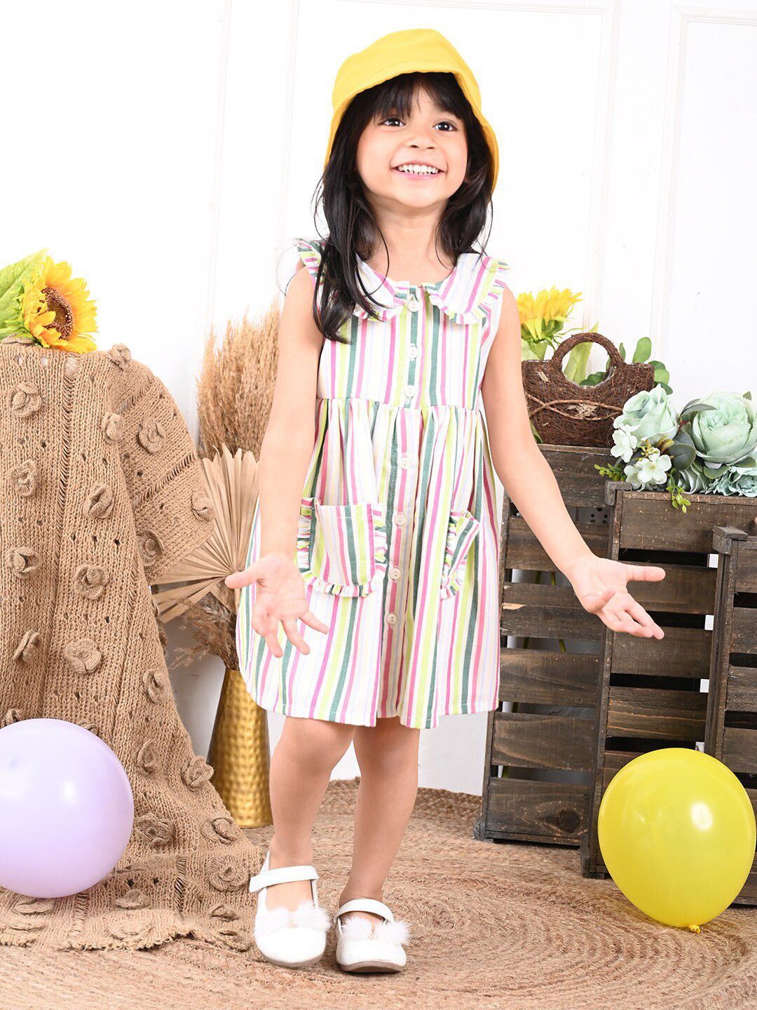 

LilPicks Girls Striped Sleeveless Fit And Flare Cotton Dress, White