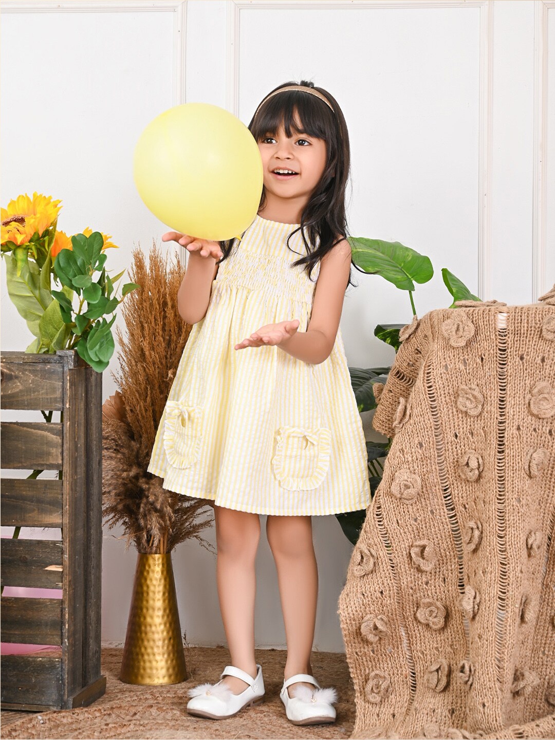 

LilPicks Girls Striped Smoking A-Line Dress, White