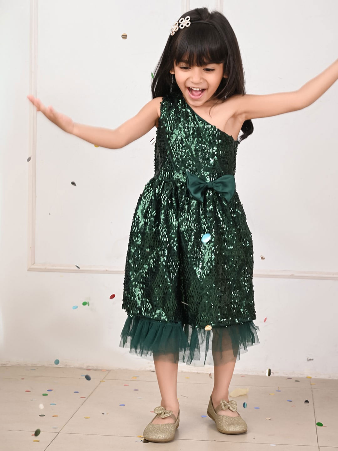 

LilPicks Girls Sequined Embellished One Shoulder Fit & Flare Dress, Green