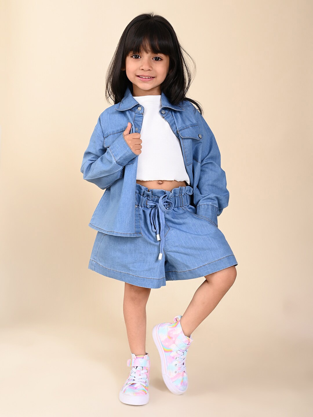 

LilPicks Girls High Neck Top With Shorts & Shacket, White