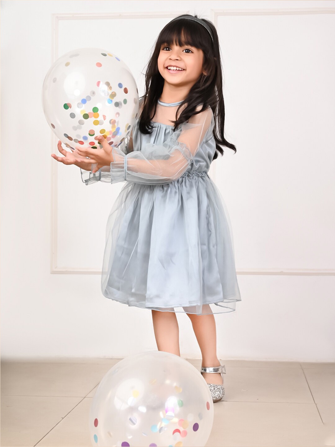 

LilPicks Girls Round Neck Net Fit & Flare Dress, Grey