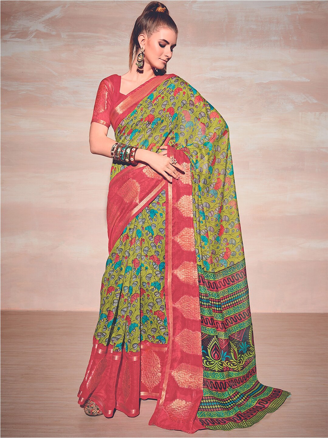 

Kasak Floral Printed Zari Saree, Green