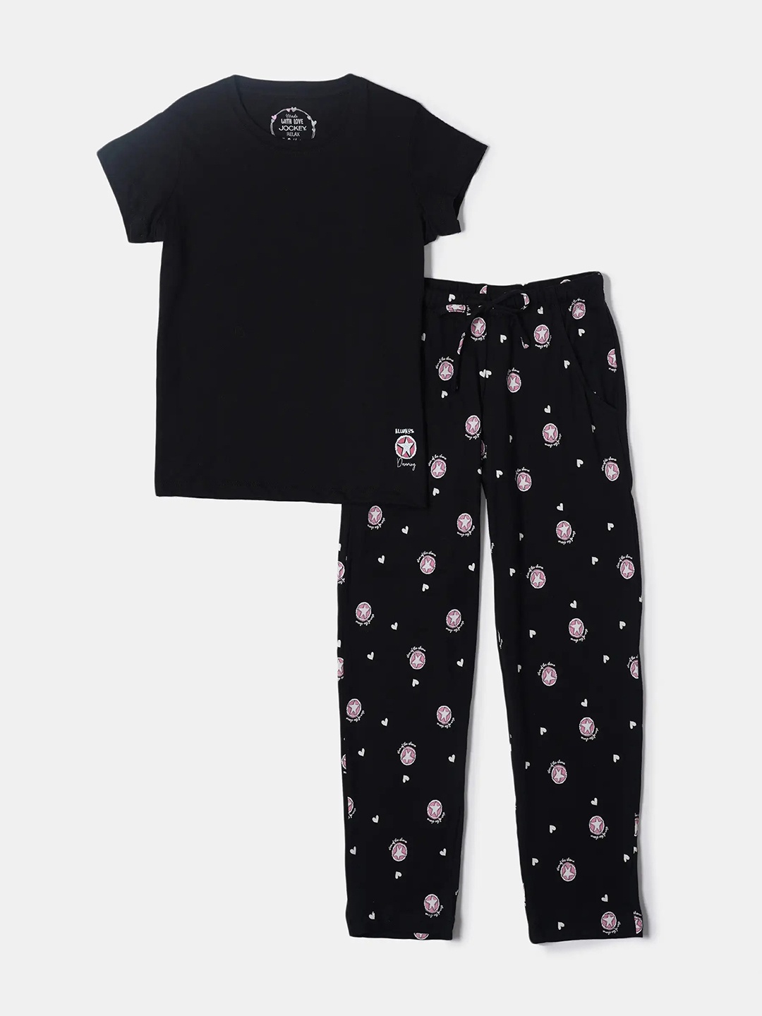 

Jockey Girls Super Combed Cotton Relaxed Fit Printed T-shirt & Pyjamas, Black