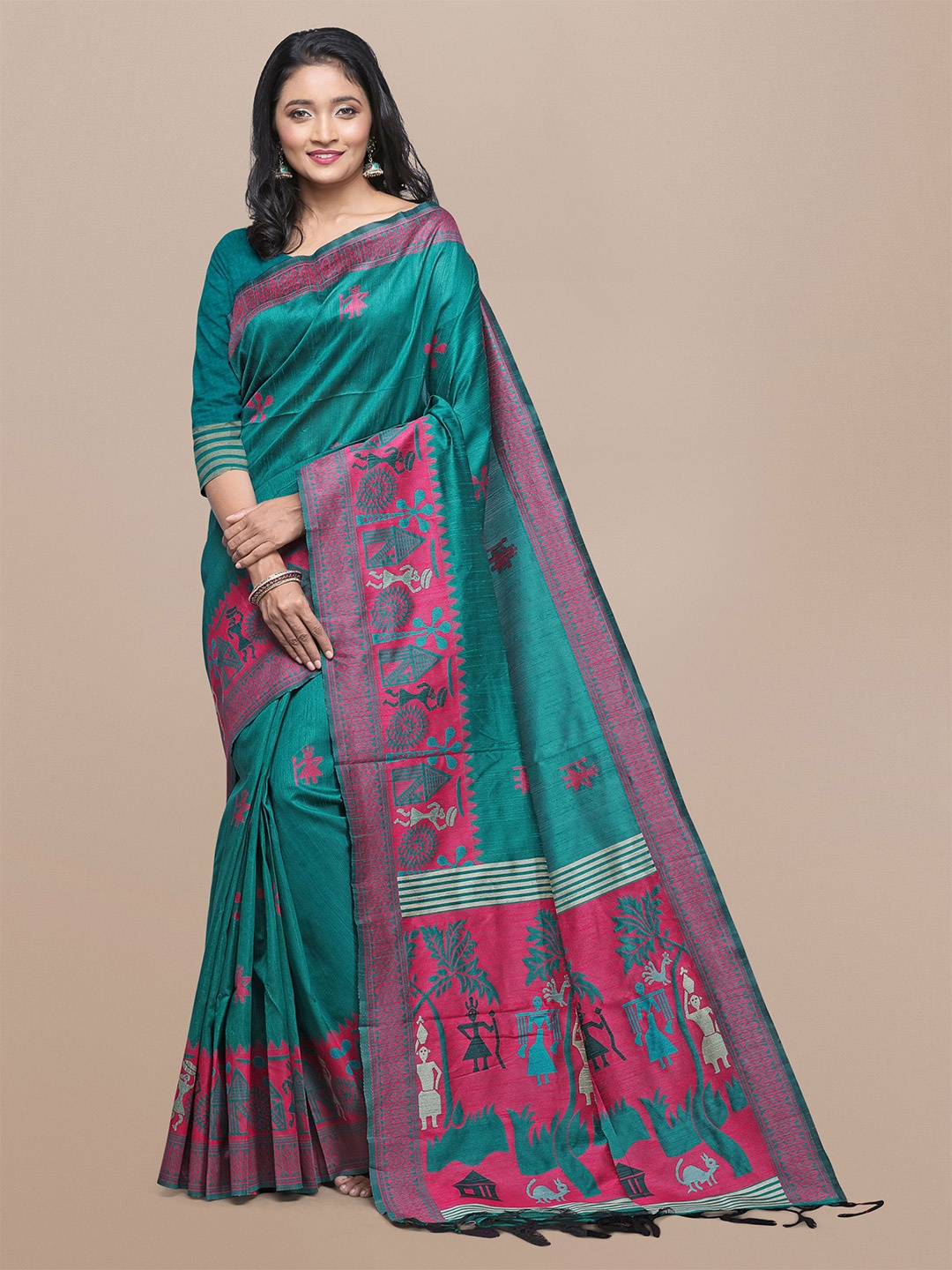 

VISHNU WEAVES Warli Woven Design Bhagalpuri Saree, Green