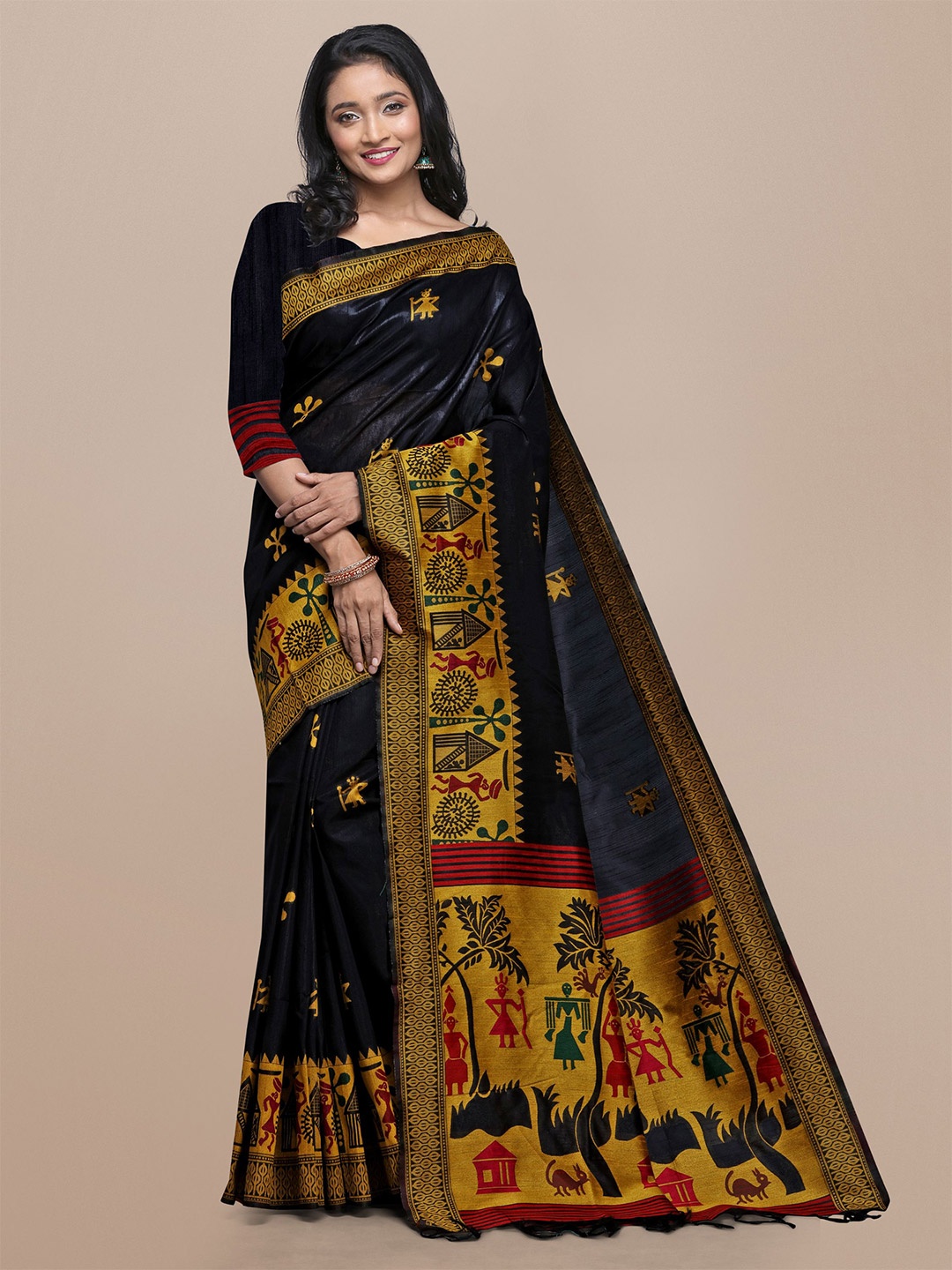 

VISHNU WEAVES Warli Woven Design Zari Bhagalpuri Saree, Black