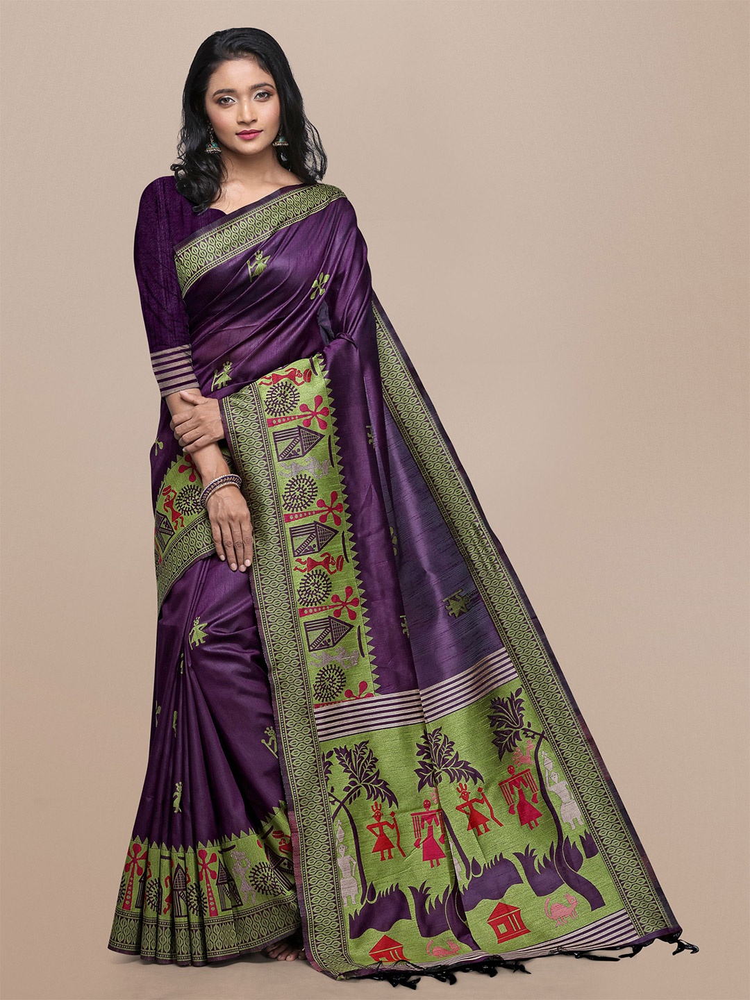 

VISHNU WEAVES Warli Woven Design Bhagalpuri Saree, Purple