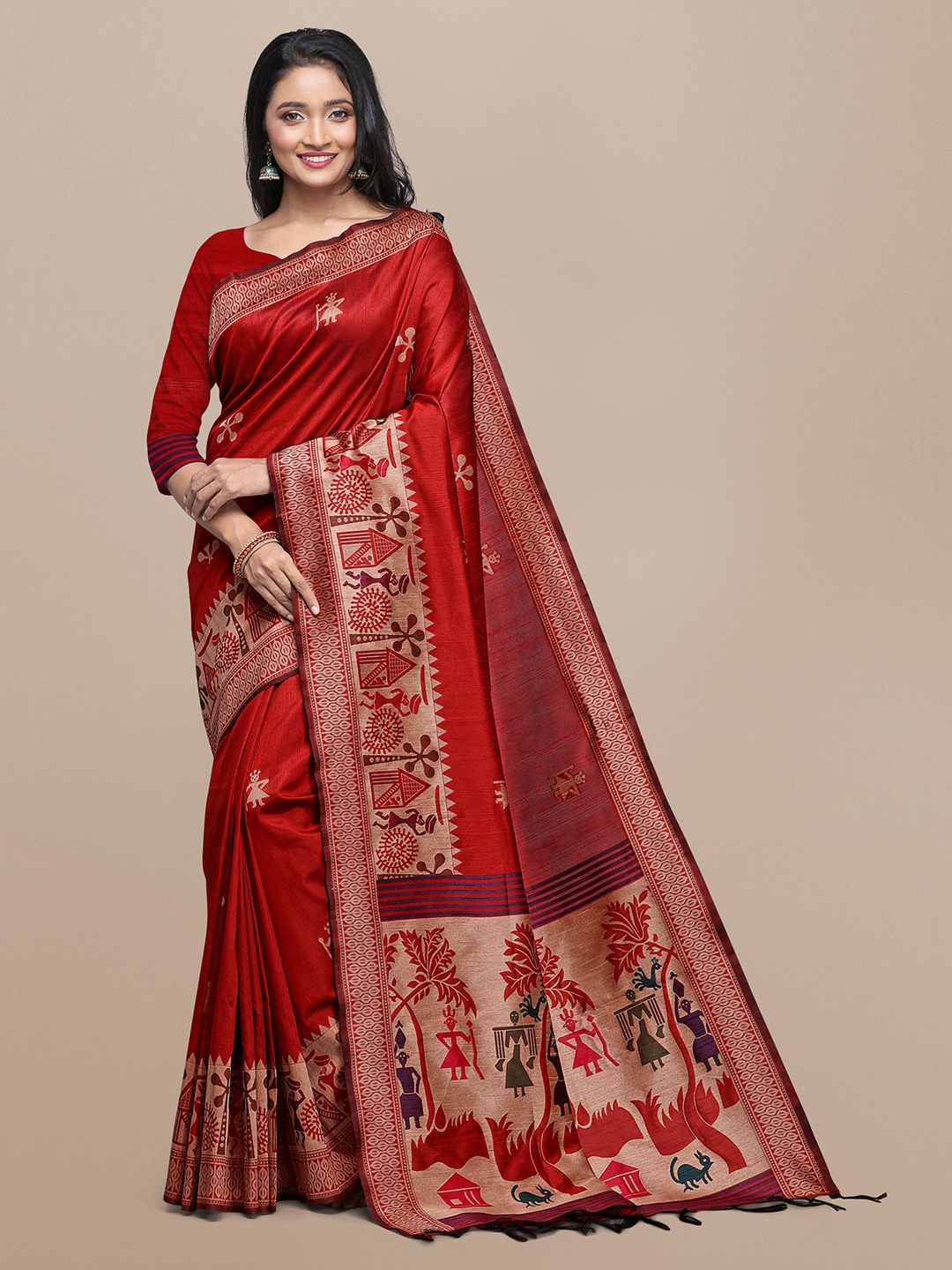 

VISHNU WEAVES Warli Printed Zari Saree, Red