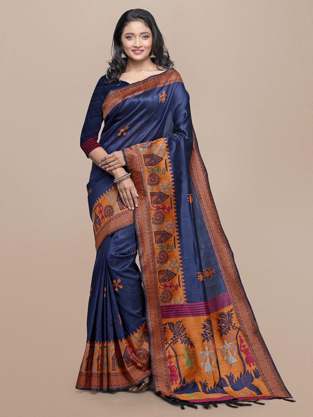 

VISHNU WEAVES Warli Printed Zari Saree, Blue