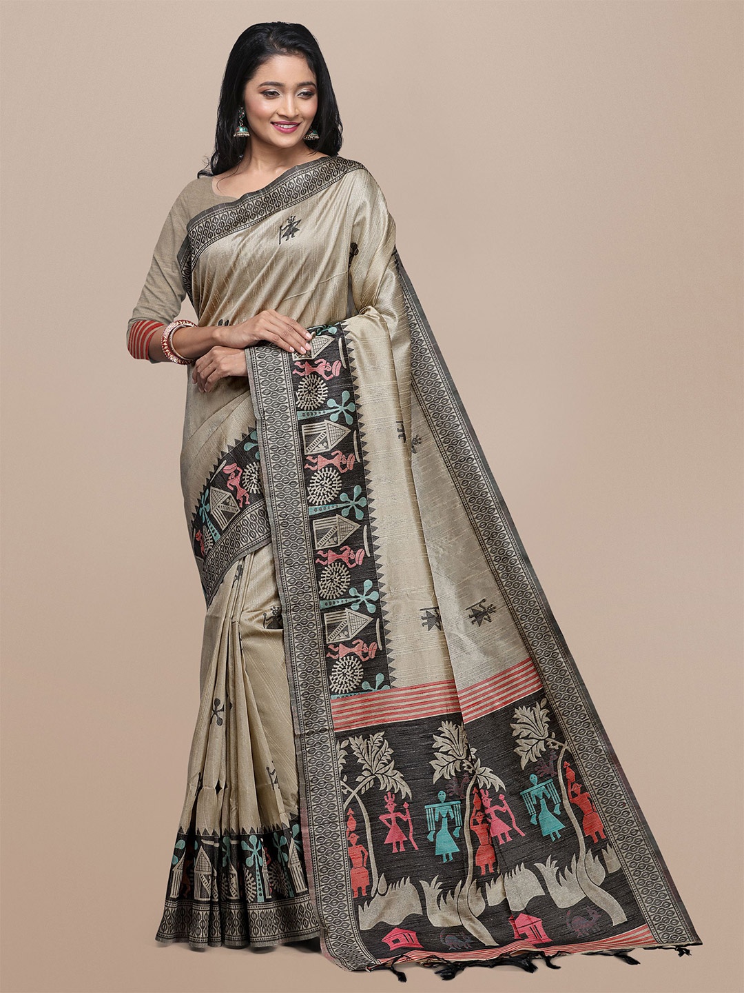 

VISHNU WEAVES Ethnic Woven Design Bhagalpuri Saree, Cream