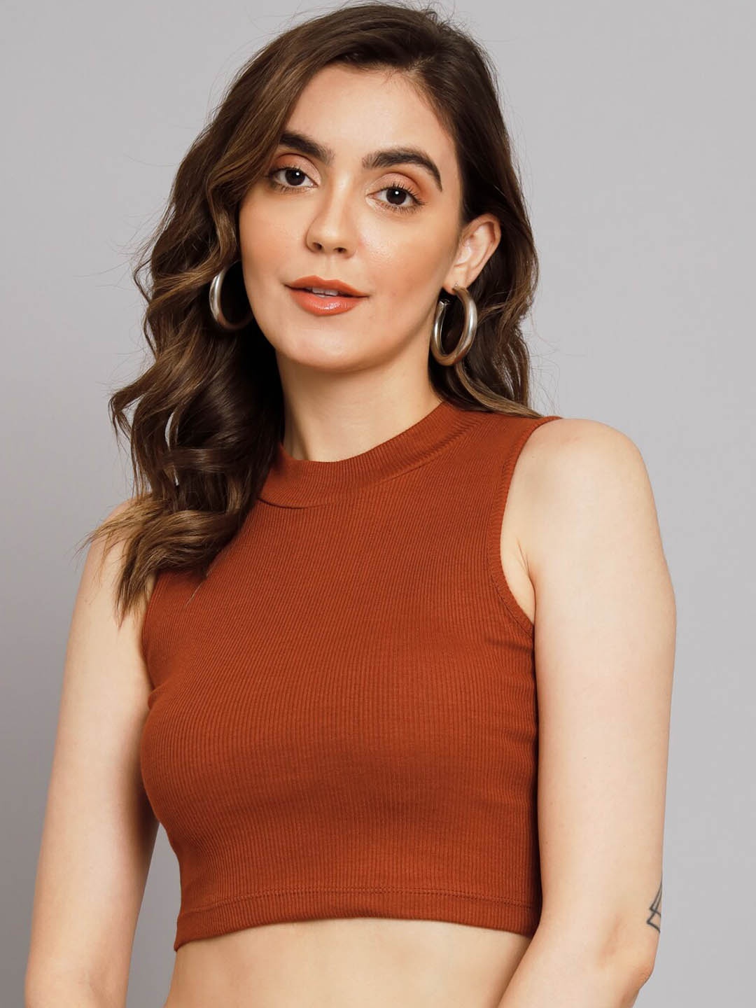 

GUTI High Neck Sleeveles Ribbed Cotton Crop Fitted Top, Rust