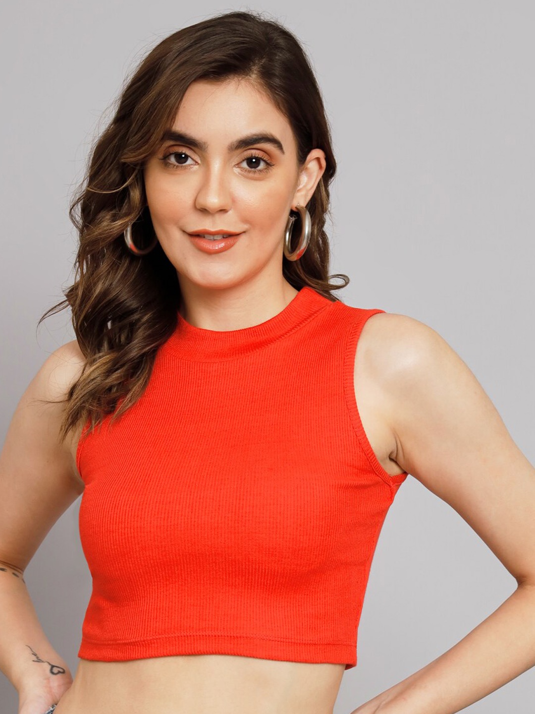 

GUTI High Neck Sleeveless Cotton Fitted Crop Top, Red