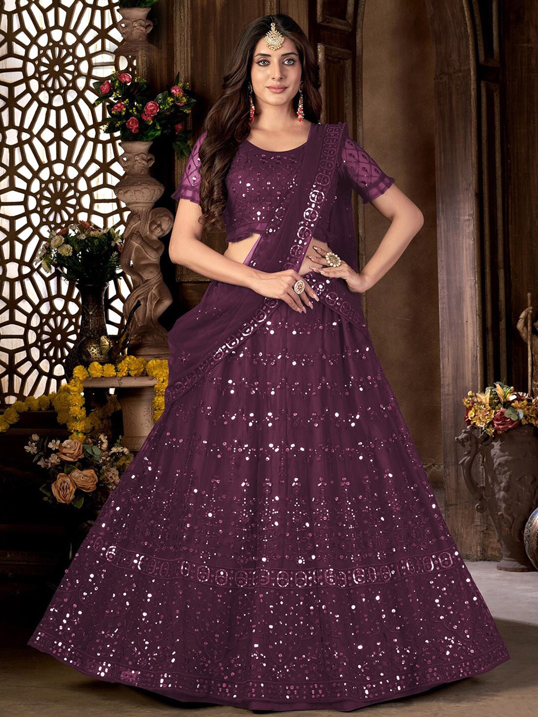 

Satrani Purple & Silver-Toned Embroidered Sequinned Semi-Stitched Lehenga & Unstitched Blouse With Dupatta