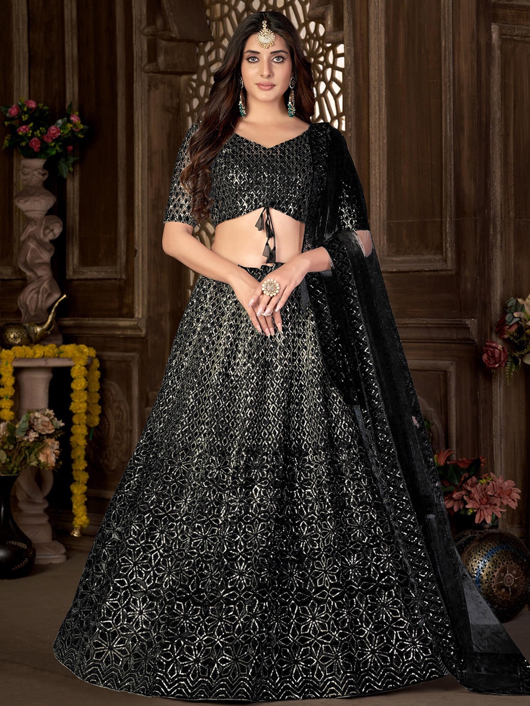 

Satrani Black Embroidered Semi-Stitched Lehenga & Unstitched Blouse With Dupatta