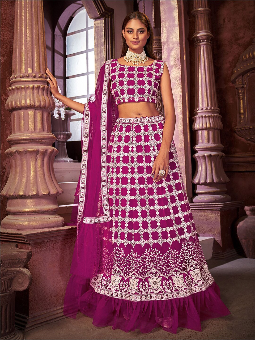 

Satrani Pink & Silver-Toned Embroidered Sequinned Semi-Stitched Lehenga & Unstitched Blouse With Dupatta