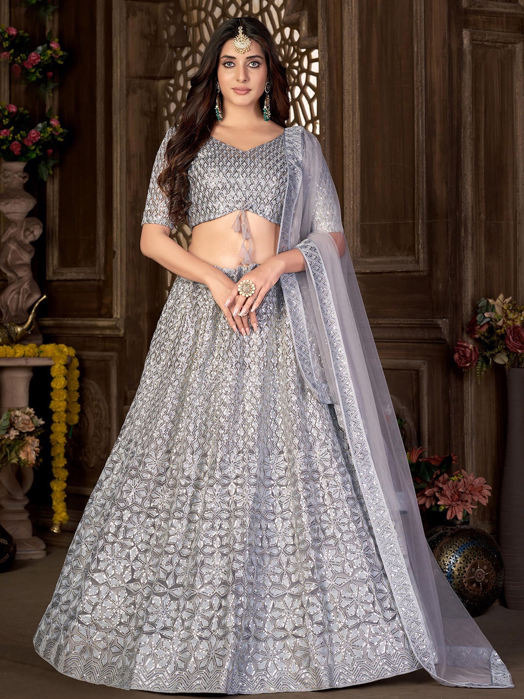 

Satrani Grey Embroidered Semi-Stitched Lehenga & Unstitched Blouse With Dupatta