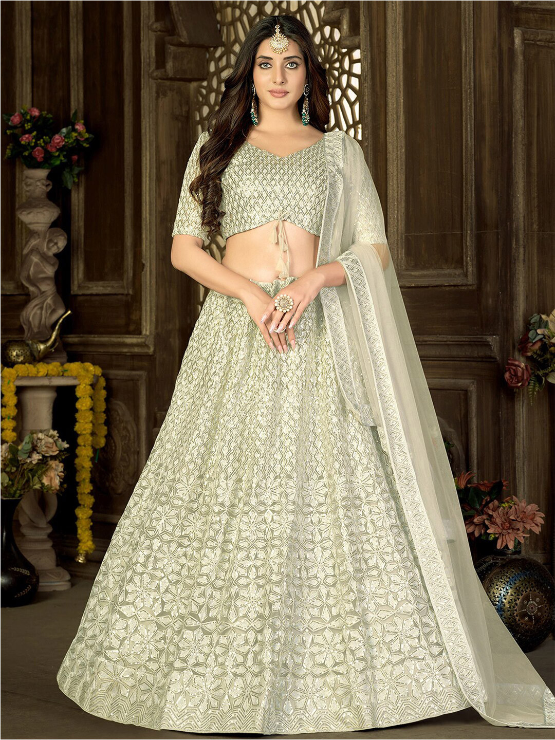 

Satrani Embroidered Sequinned Semi-Stitched Lehenga & Unstitched Blouse With, Cream
