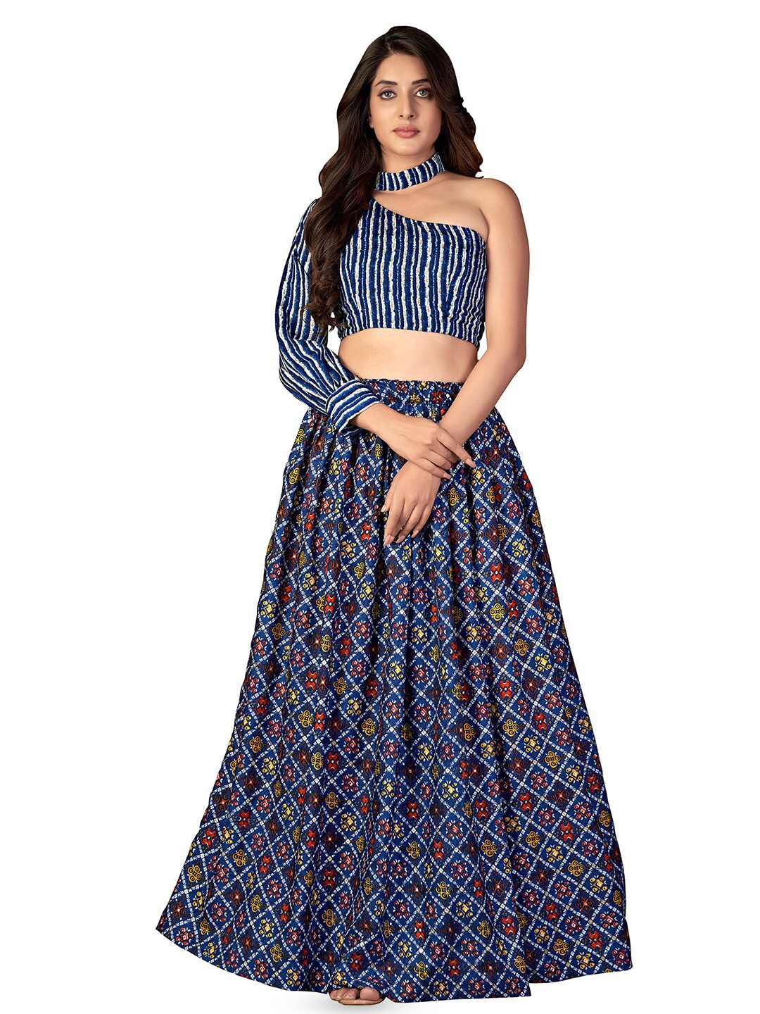 

Satrani Blue & White Printed One Shoulder Ready to Wear Lehenga Choli