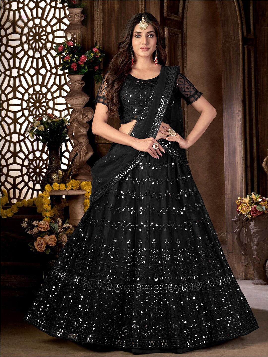 

Satrani Black Embellished Semi-Stitched Lehenga & Unstitched Blouse With Dupatta