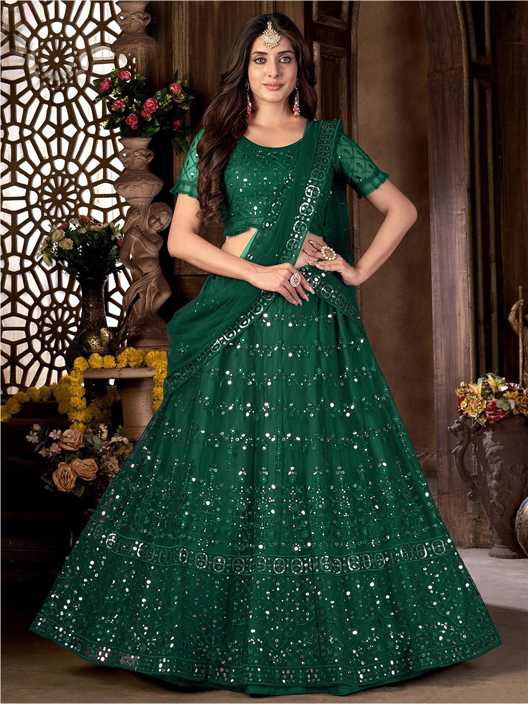 

Satrani Green Embroidered Sequinned Semi-Stitched Lehenga & Unstitched Blouse With Dupatta