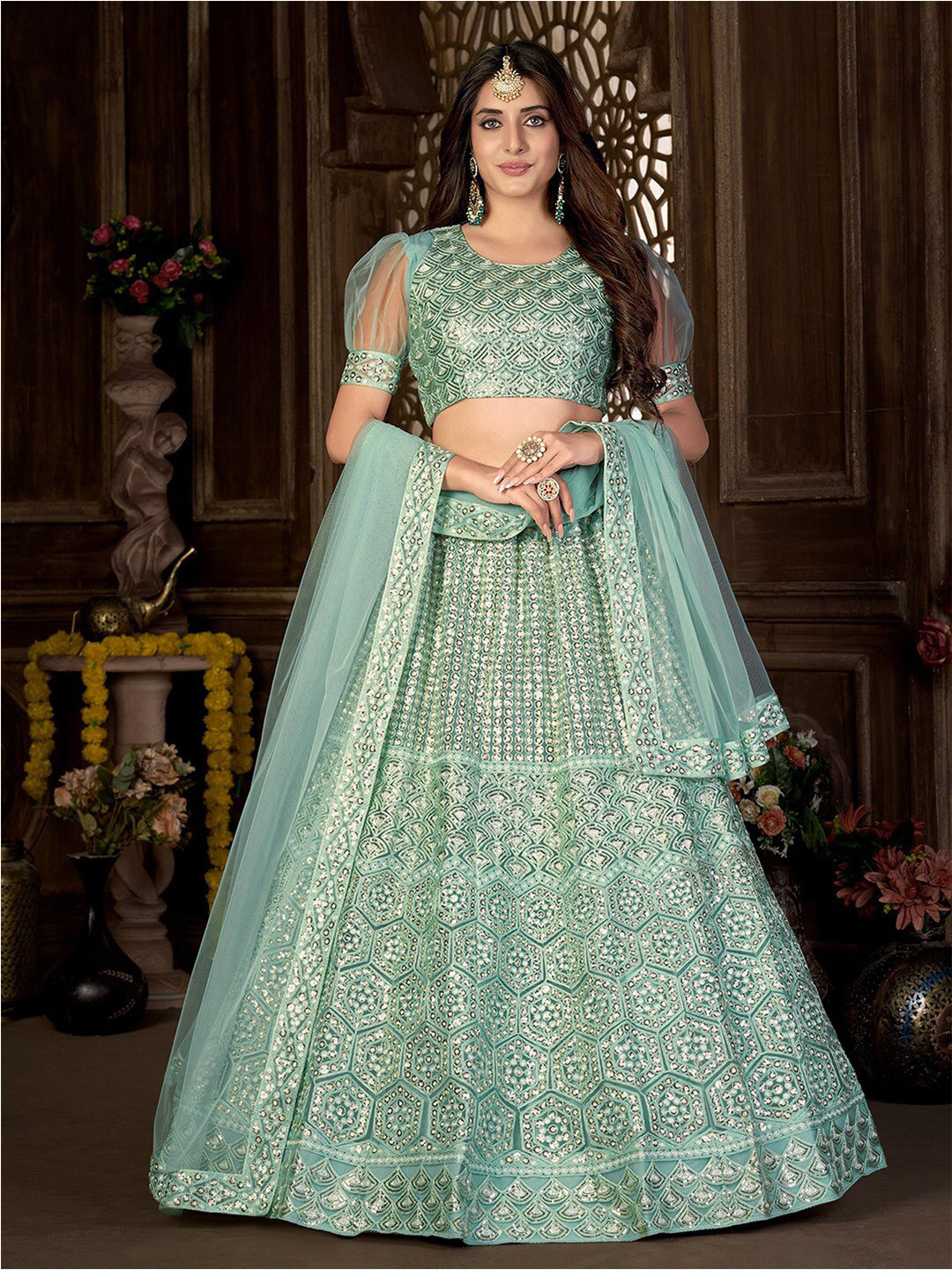 

Satrani Green & Silver-Toned Embroidered Sequinned Semi-Stitched Lehenga & Unstitched Blouse With Dupatta