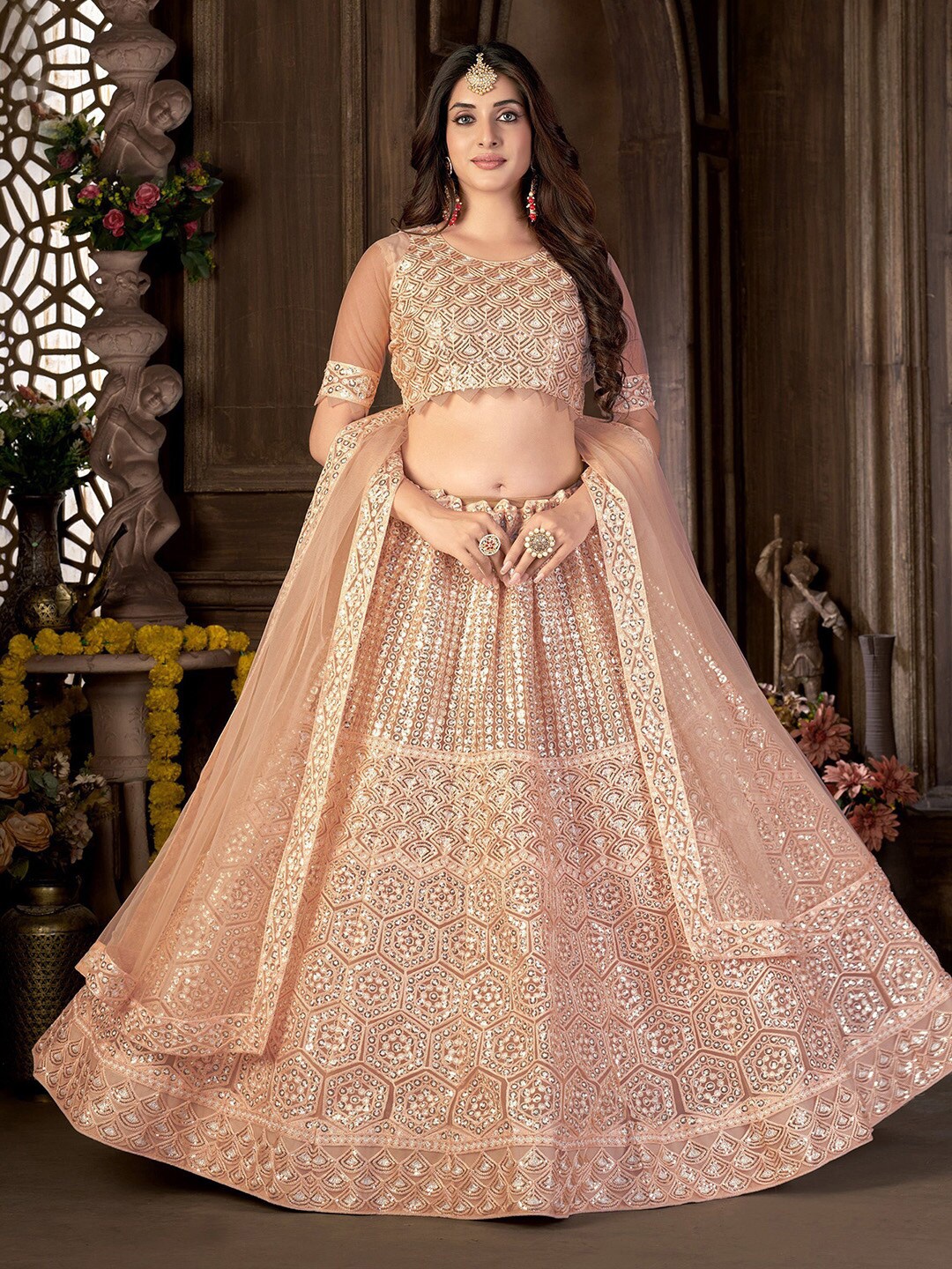 

Satrani Pink Embroidered Sequinned Semi-Stitched Lehenga & Unstitched Blouse With Dupatta