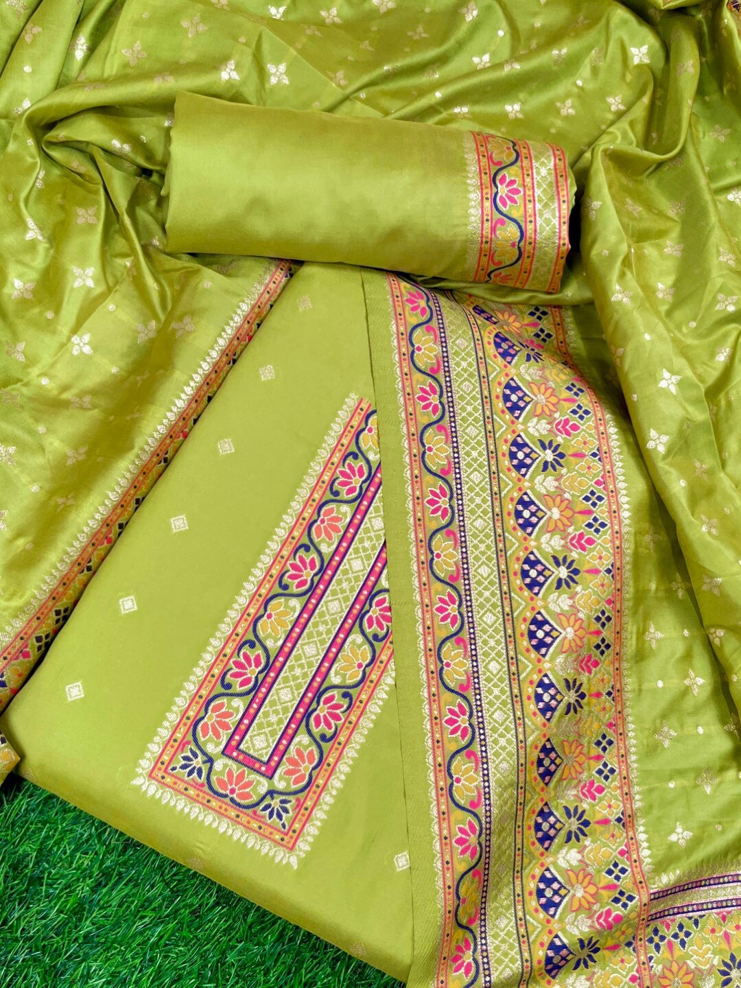 

VISHNU WEAVES Ethnic Motifs Woven Design Pashmina Silk Unstitched Dress Material, Lime green