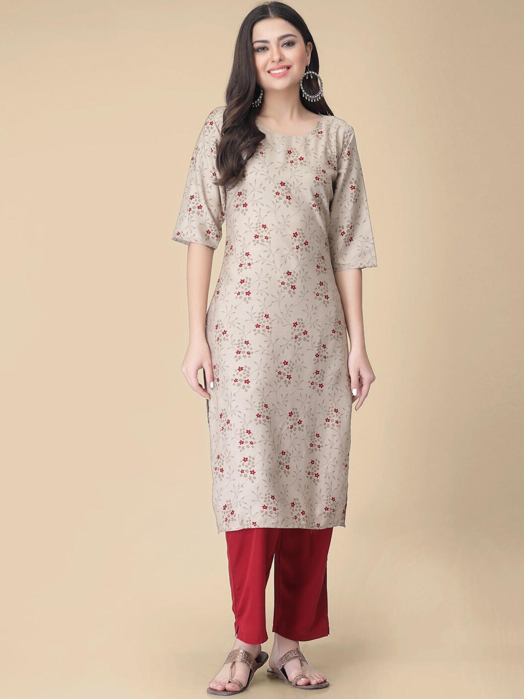 

7Threads Floral Printed Crepe Straight Kurta, Beige