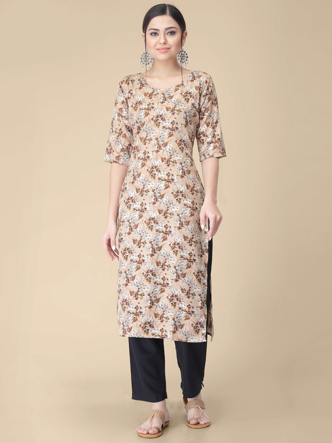 7Threads Floral Printed Crepe Straight Kurta, Cream