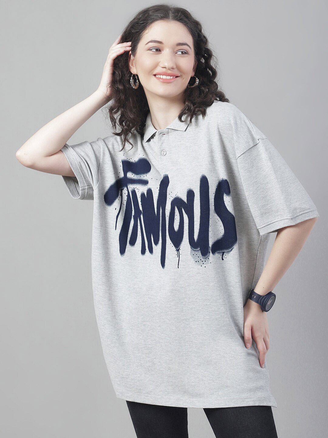 

DOOR74 Typography Printed Polo Collar Cotton Oversize T-shirt, Grey melange