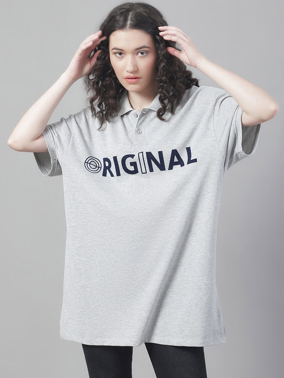 DOOR74 Typography Printed Cotton Oversize T-shirt, Grey melange