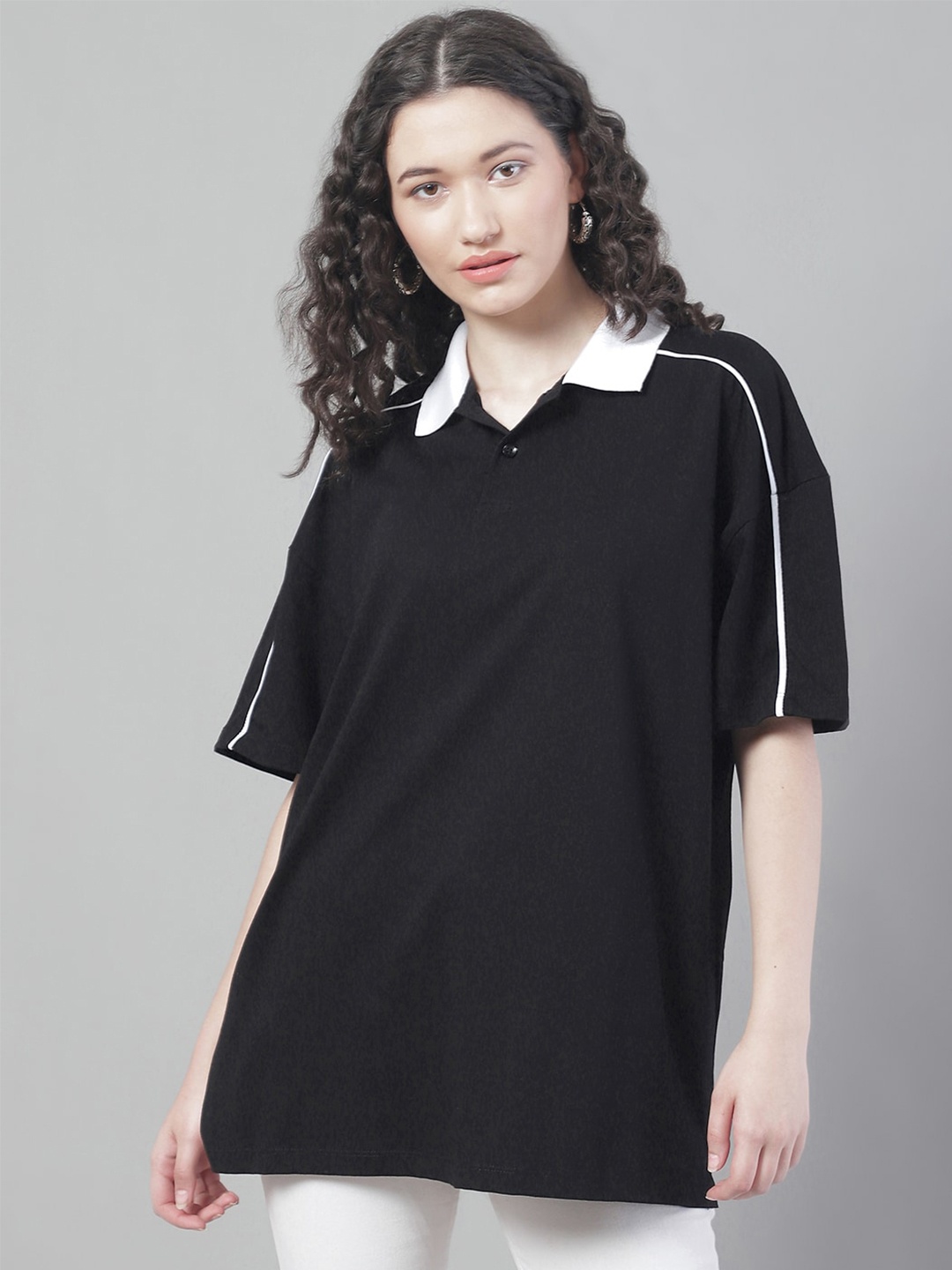 

DOOR74 Polo Collar Cotton Oversize T-shirt, Black