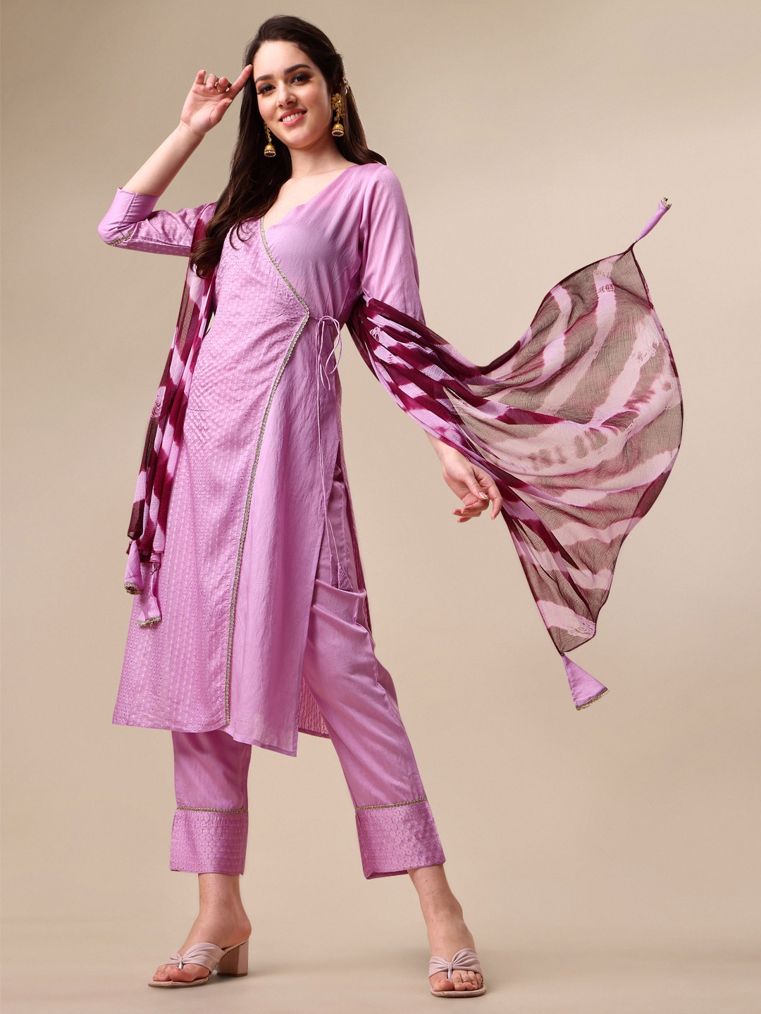 

KALINI Woven Design V Neck Angrakha Chanderi Silk Kurta With Trousers & Dupatta, Lavender