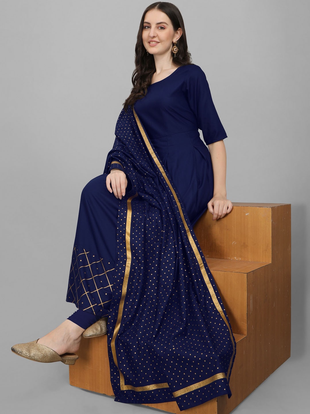 

KALINI Round Neck Zari Panelled Anarkali Kurta with Dupatta, Navy blue