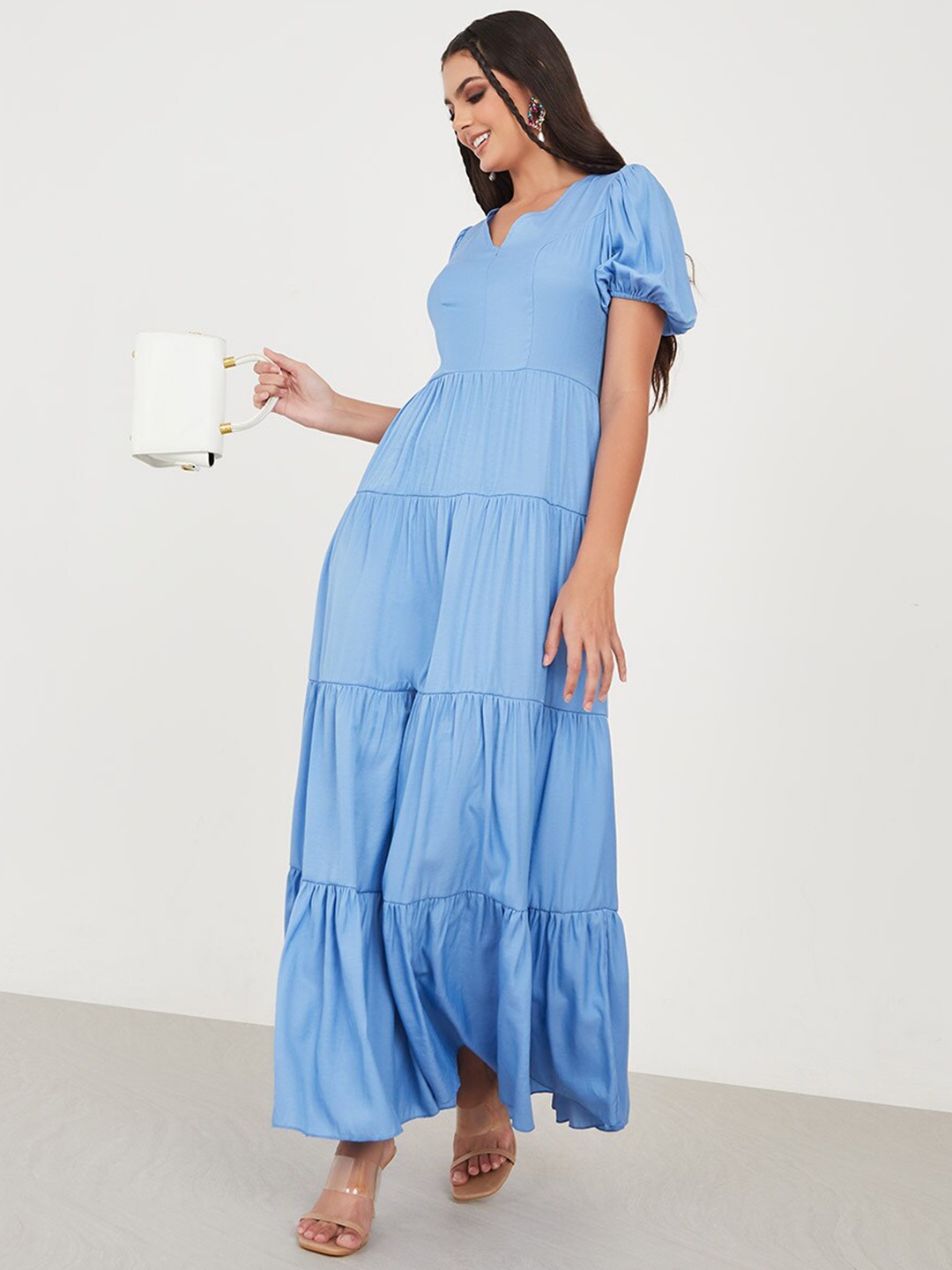 

Styli Blue V-Neck Tiered Maxi Dress