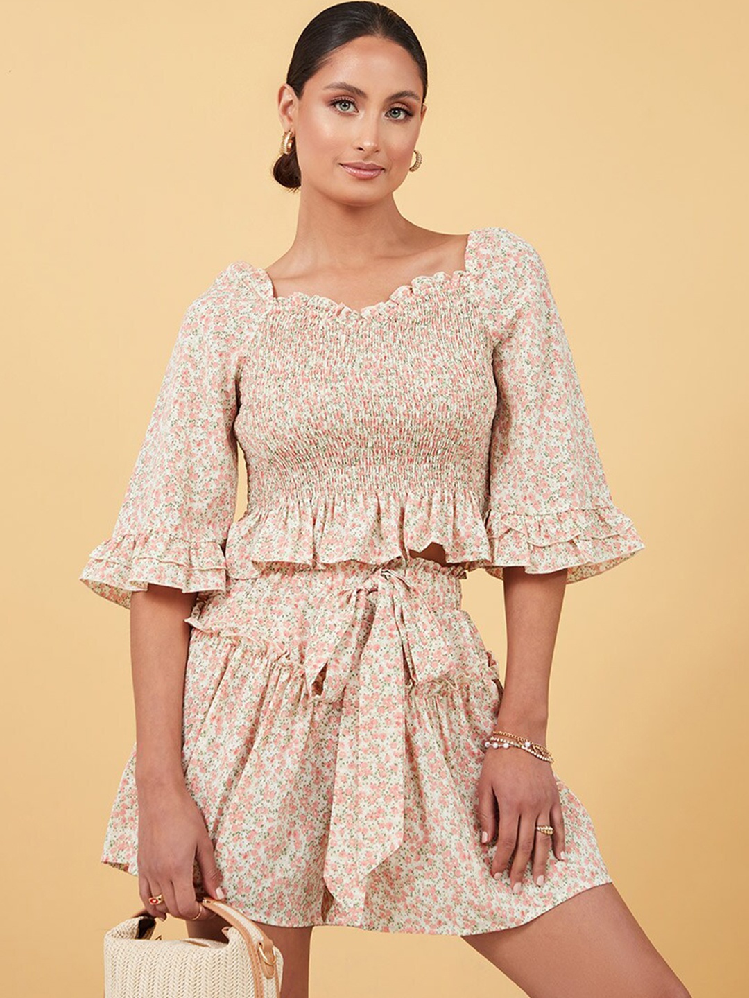 

Styli Floral Printed Bell Sleeves Smocked Top With Shorts, White