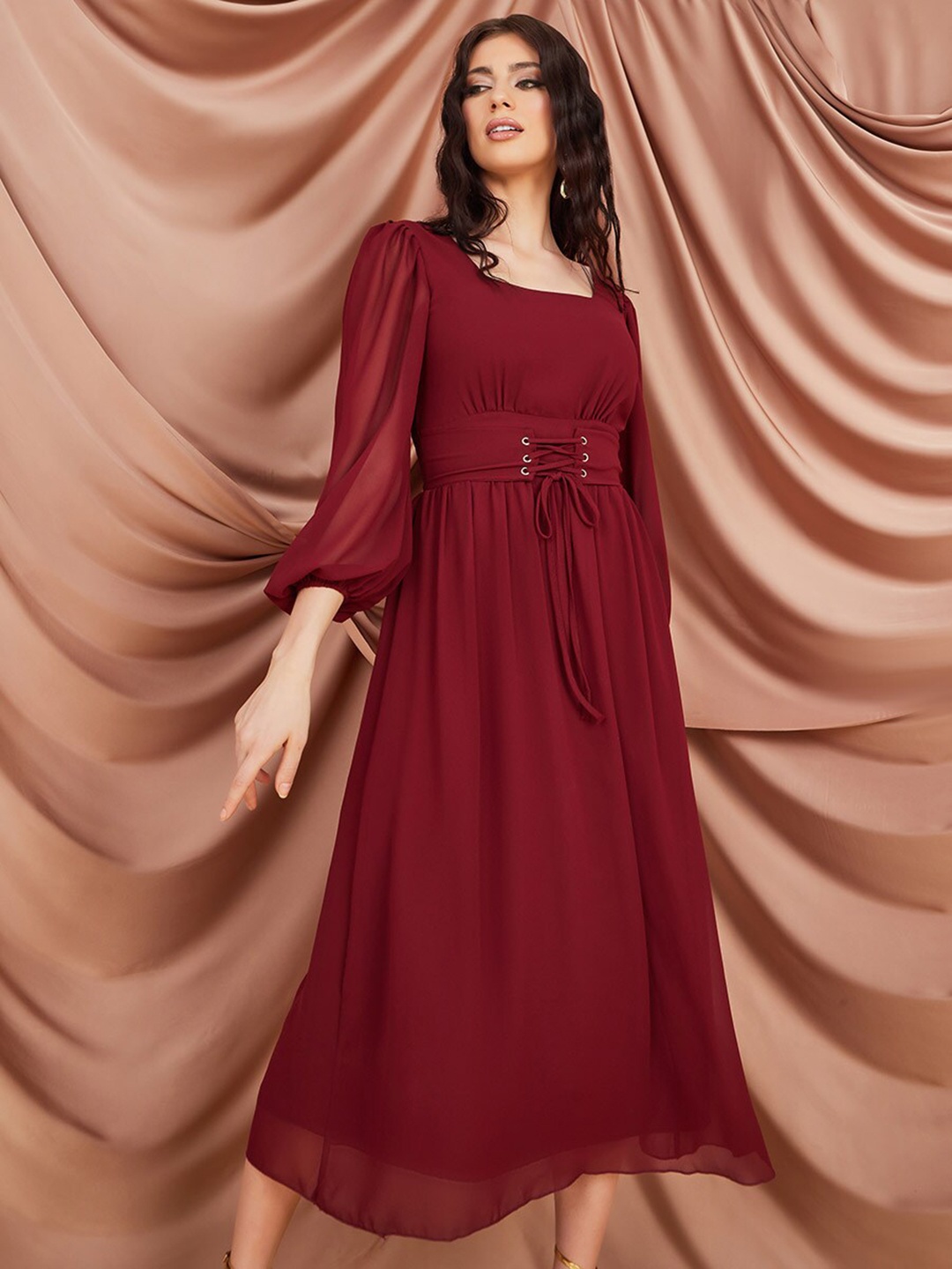 

Styli Burgundy Belted Fit & Flare Midi Dress