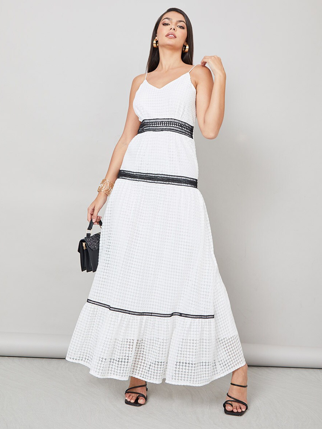 

Styli White Self Design Tiered Maxi Dress