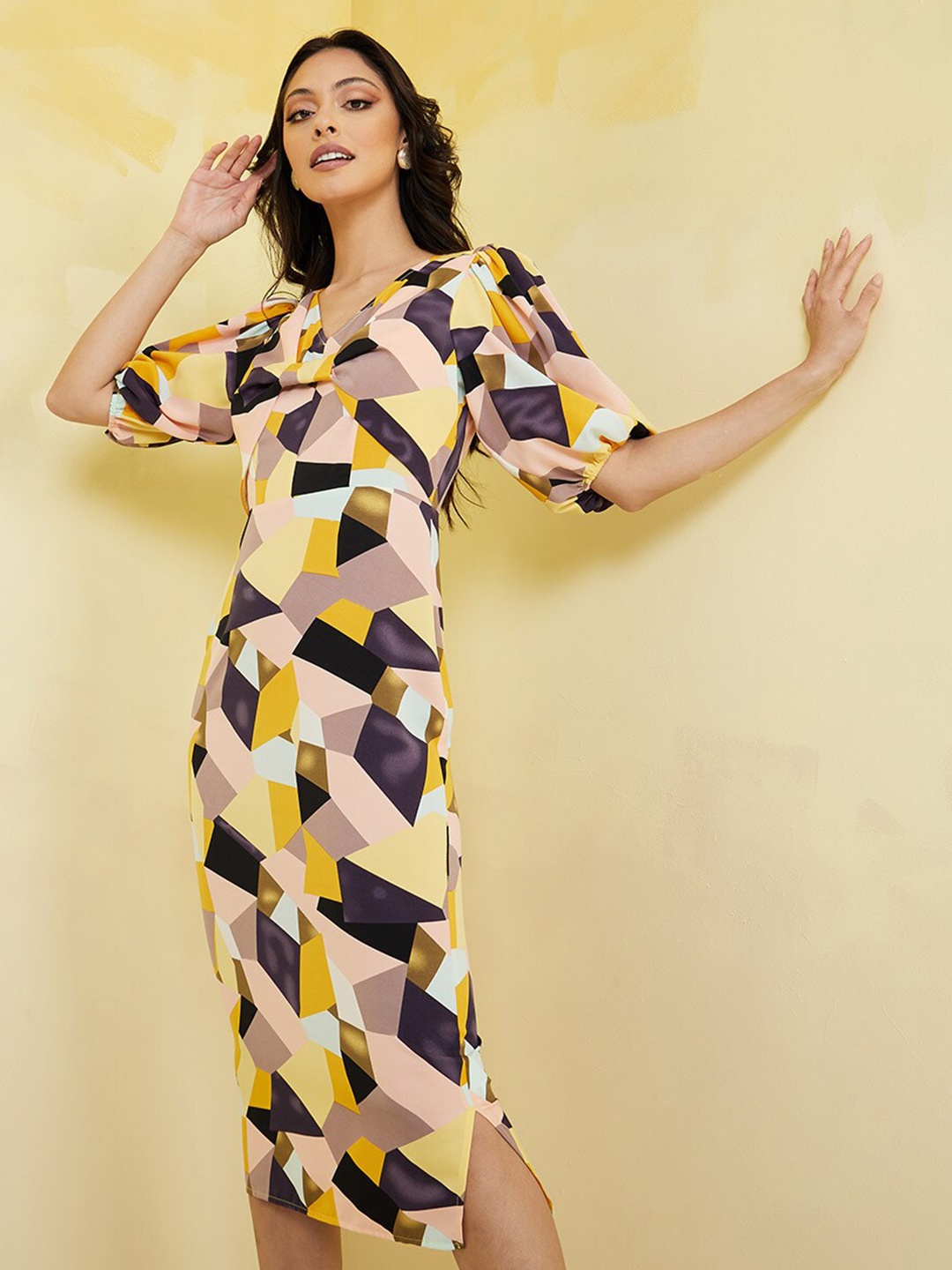 

Styli Pink & Yellow Geometric Print Sheath Midi Dress