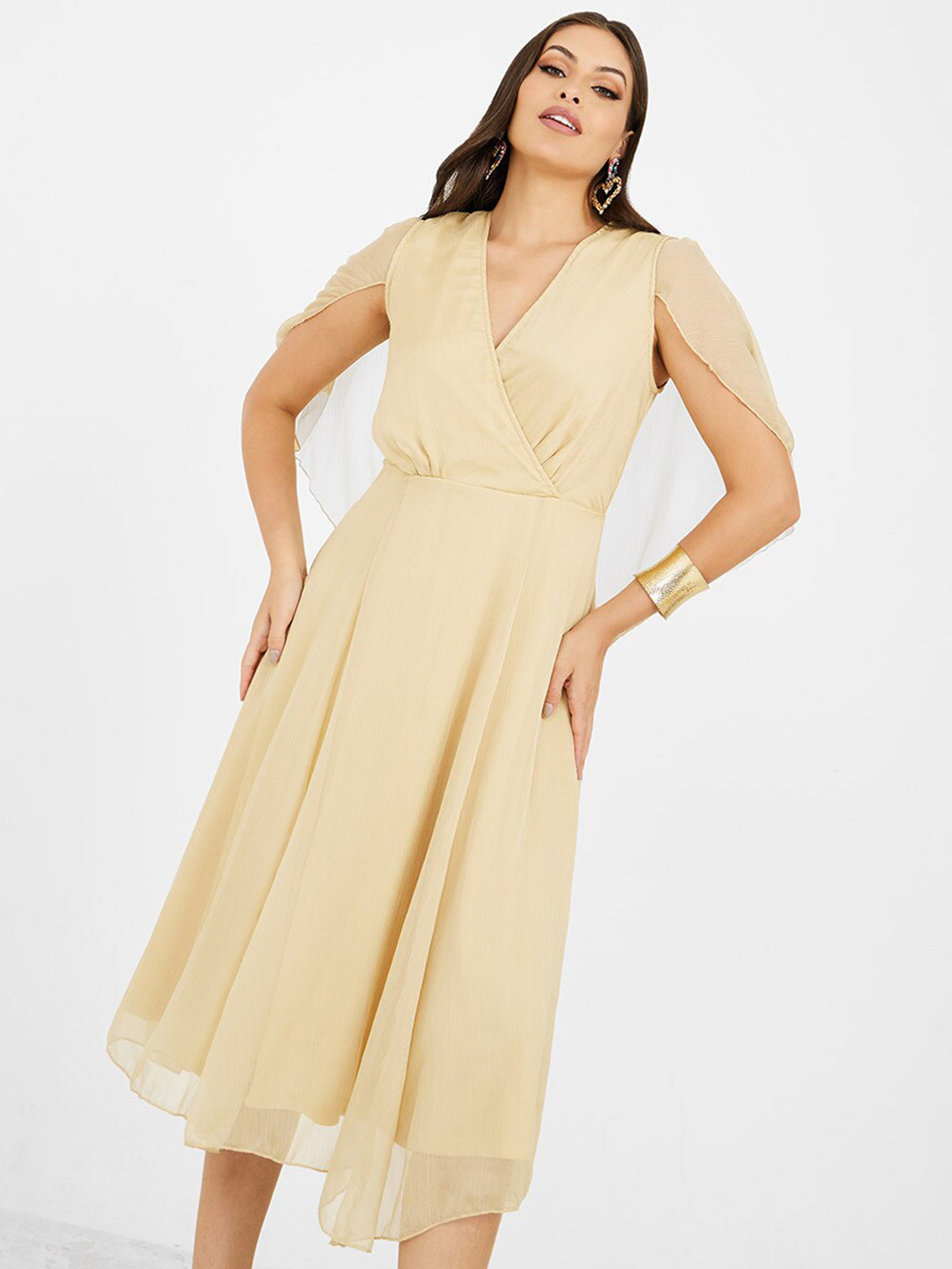

Styli Beige V-Neck Wrap Midi Dress