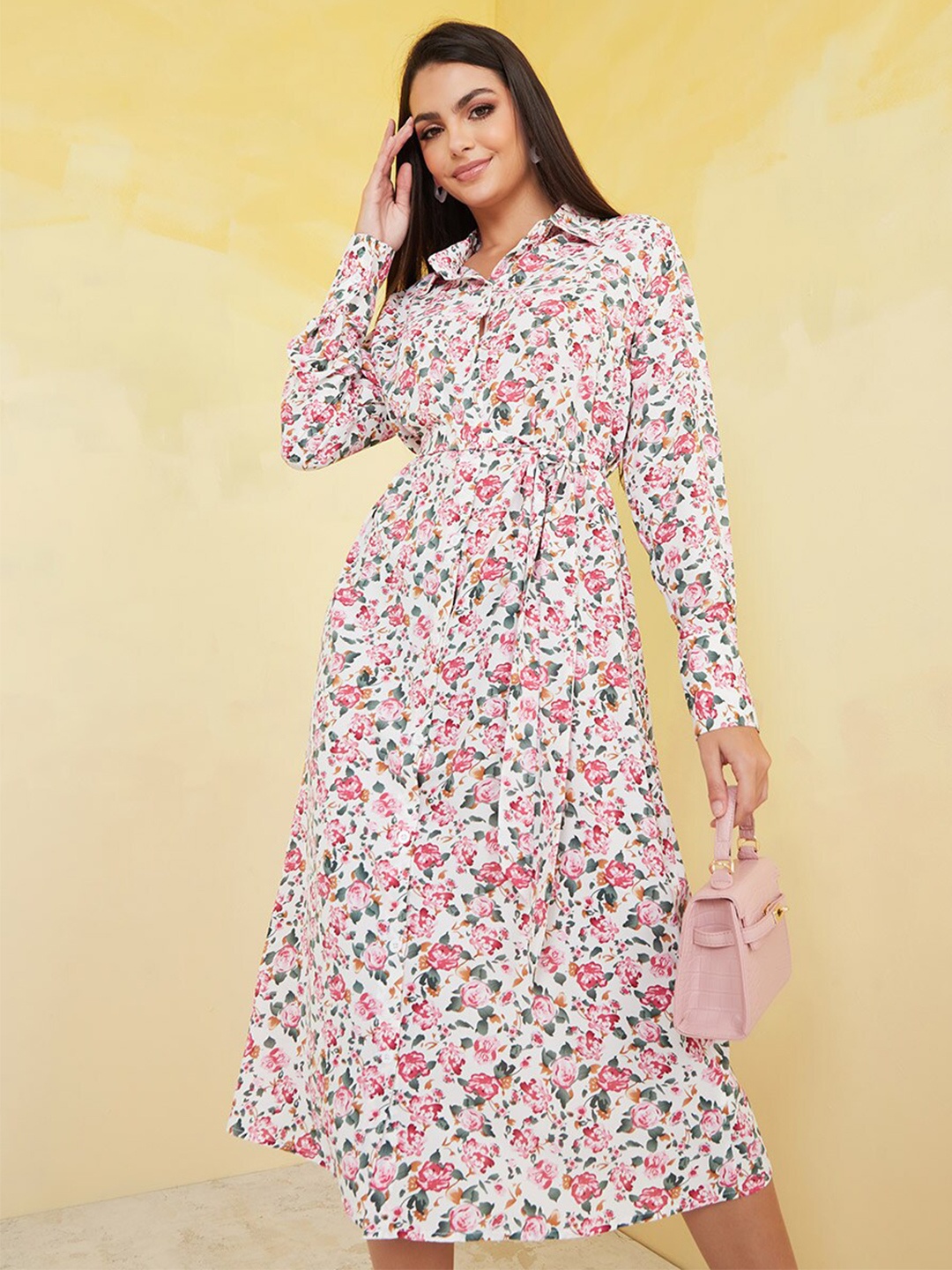 

Styli White & Pink Floral Print Shirt Midi Dress