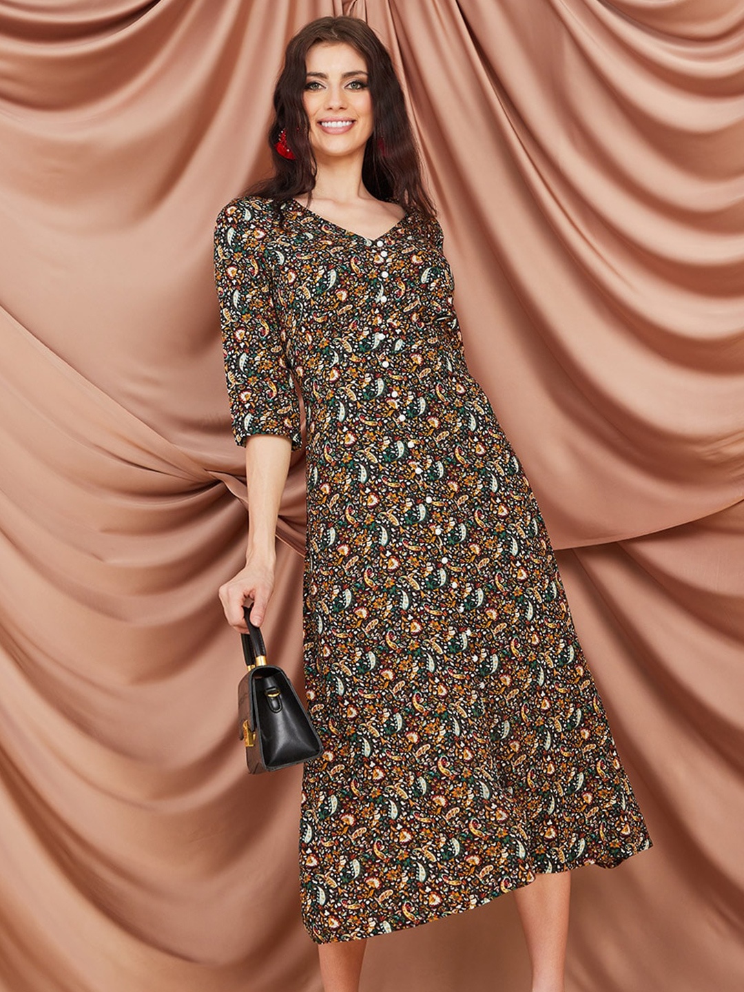 

Styli Black Paisley Print A-Line Midi Dress