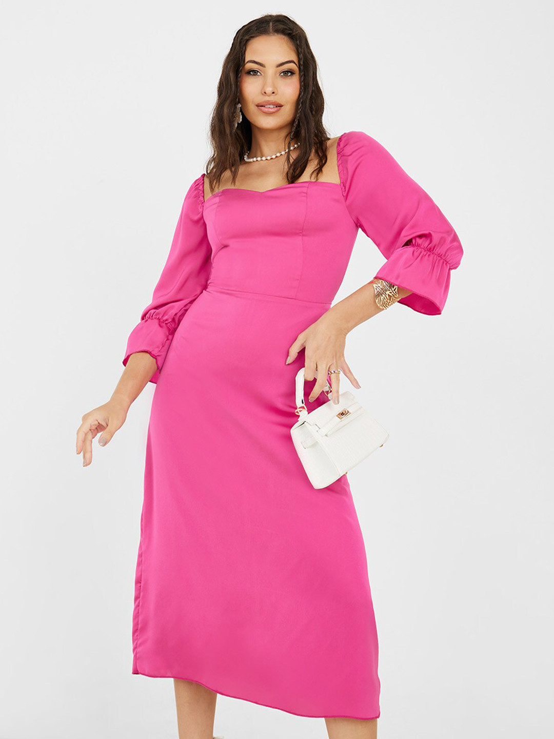 

Styli Pink Sweetheart Neck A-Line Midi Dress