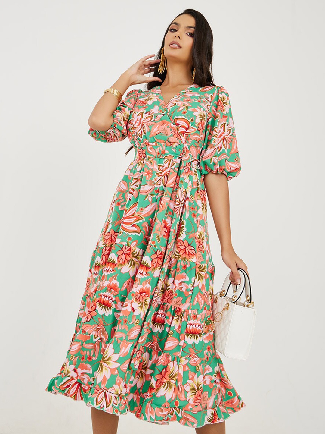 

Styli Green & Peach-Coloured Floral Print Wrap Midi Dress