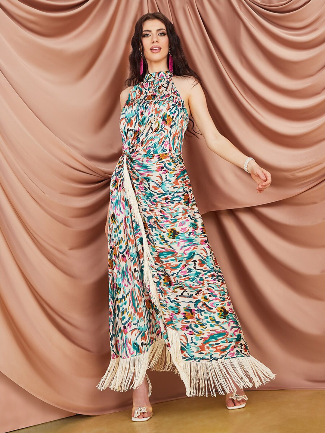 

Styli Beige & Blue Abstract Print Maxi Dress