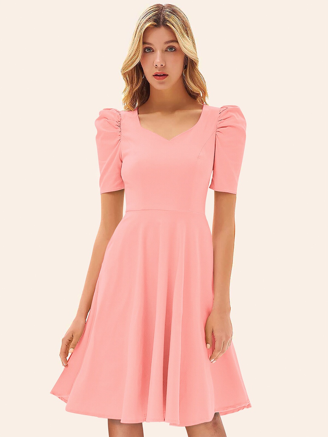 

FAVRIZ Puff Sleeve Fit & Flare Dress, Peach
