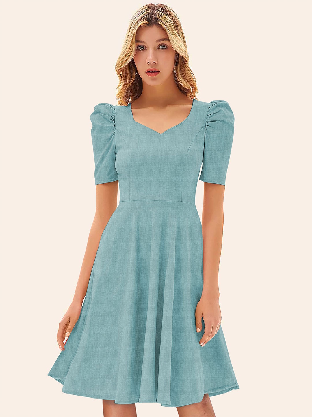 

FAVRIZ Sweetheart Neck Puff Sleeves Fit & Flare Dress, Blue