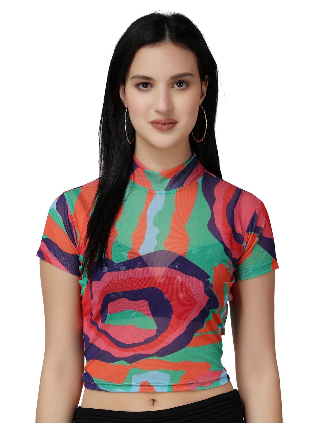 

Popwings Abstract Printed High Neck Semi Sheer Knitted Fitted Crop Top, Green